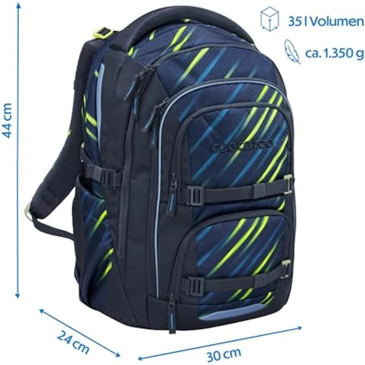 Coocazoo Porter Schulrucksack „Fast Lime”, ergonomischer & anpassbarer Tornister, schwarz-blau, höhen- & größenverstellbar mit Brustgurt & Hüftgurt, ab der 3. Klasse, 5 Fächer, reflektierend, nachhaltig aus 100% PFC-freiem Material – Bild 2