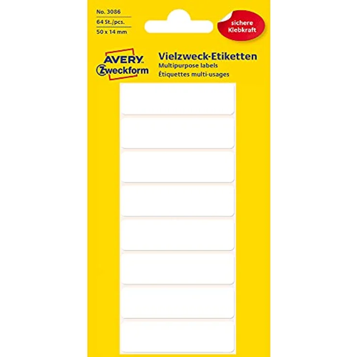 AVERY Zweckform 3086 Haushaltsetiketten selbstklebend (50x14 mm, 64 Aufkleber auf 8 Bogen) blanko, weiß - Vielzweck-Etiketten für Haushalt, Schule und Büro zum Beschriften und Kennzeichnen – Bild 1