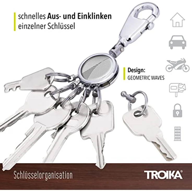TROIKA PATENT GEOMETRIC WAVES Schlüsselhalter mit Karabiner und 6 ausklinkbaren Ringen, glänzend, edles Design – Bild 3