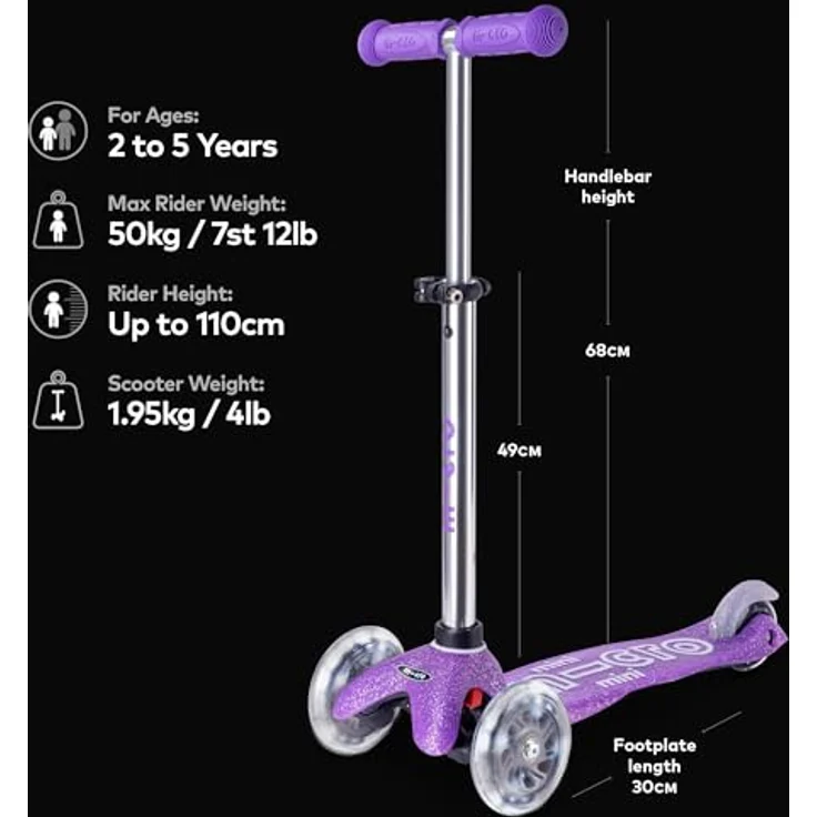 Micro Mobility mini micro Deluxe Fairy Glitter, Scooter mit LED Rollen, höhenverstellbar, für Kinder von 2-5 Jahren, violett glitzernd, MMD207 – Bild 3