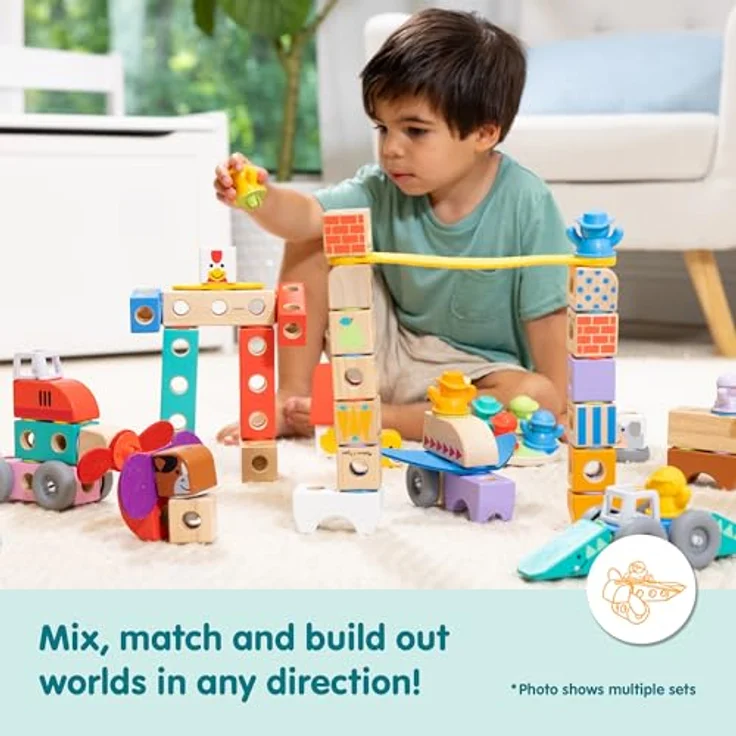 Melissa & Doug Blockables Bauernhof Bauset, 56-teiliges Set mit Holzbausteinen, Steckverbindungen und Filzaccessoires für kreatives Spiel, für Kinder ab 2 Jahren – Bild 6