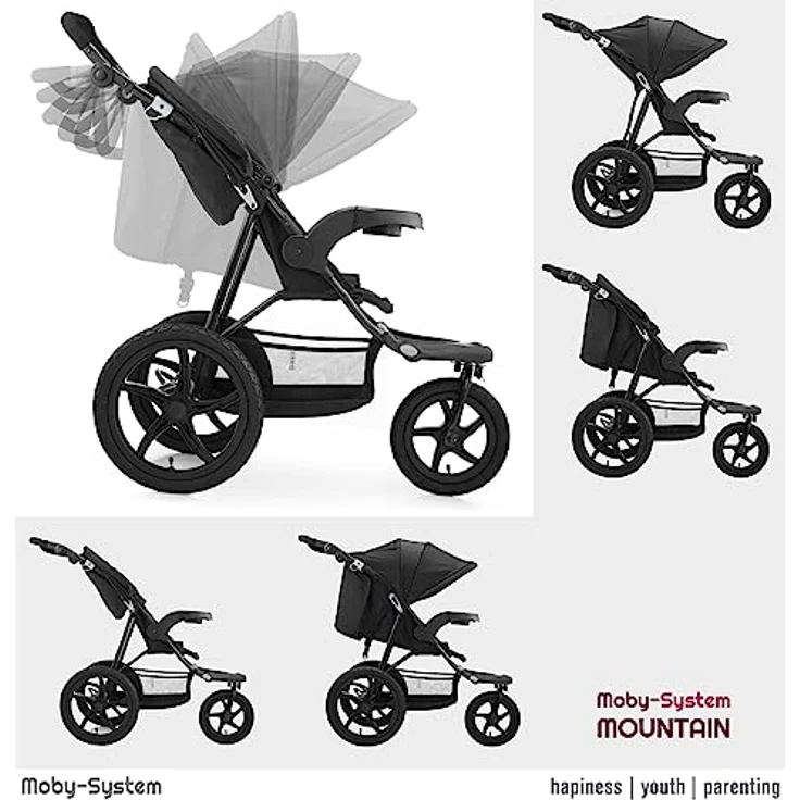 Moby-System Runner Dreirad-Kinderwagen Buggy Mountain Schwarz Für Kinder Bis 15 Kg, Es dreht sich gut Bequem Lässt sich leicht zusammenklappen, Schwarz – Bild 3