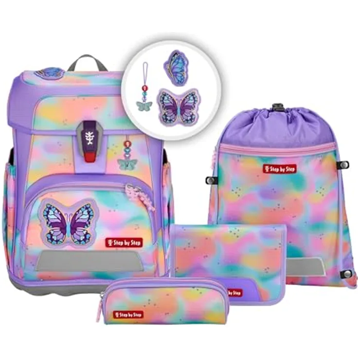 Step by Step Cloud Flash „Butterfly Luna“ Schulranzen-Set, 5-teilig, rosa, ergonomisch mit Reflektoren, höhenverstellbar, 19L, inkl. Schulranzen, Schlampermäppchen, Sportbeutel und bestücktem Mäppchen.