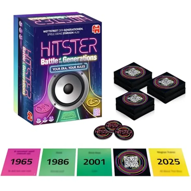 Hitster Battle of the Generations, Musik‑Party‑Brettspiel mit 420+ Songs, App‑Verbundenes Quiz für Erwachsene & Familien, 3 Epochen von Vinyl bis Streaming