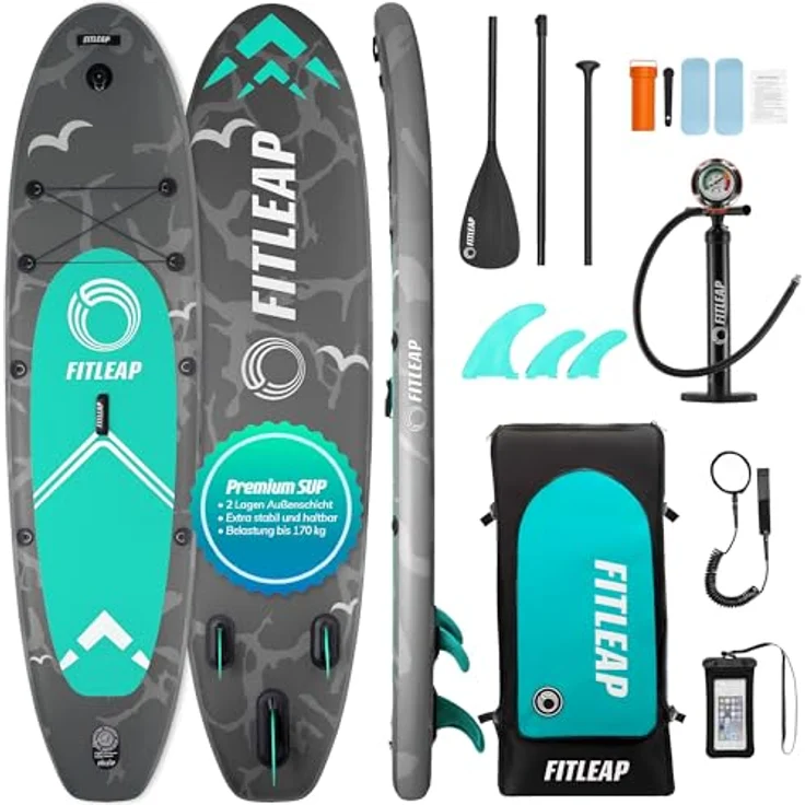 Fitleap Premium Stand Up Paddle Board aufblasbar, SUP Set mit Hochdruckpumpe, verstellbarem Paddel, Rucksack, ideal für Yoga, Surfen und Wassersport – Bild 1