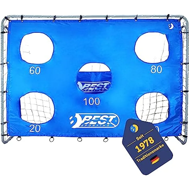 BEST SPORTING Fußballtor Kinder 240cm x 170cm x 85cm, wetterfestes und stabiles Kindertor mit blauer Torwand und 5 Schusslöchern, inkl. Netz und Heringen, Grau