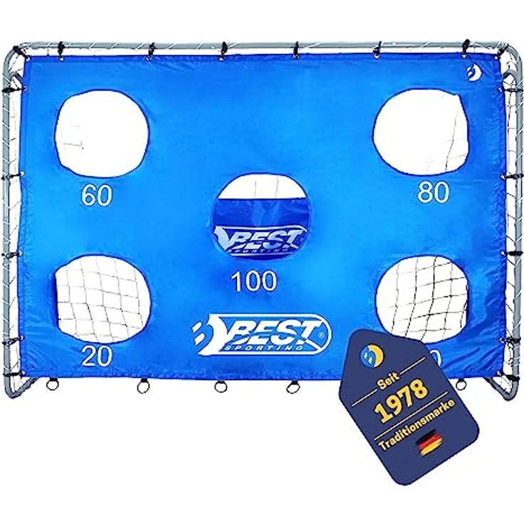 BEST SPORTING Fußballtor Kinder 240cm x 170cm x 85cm, wetterfestes und stabiles Kindertor mit blauer Torwand und 5 Schusslöchern, inkl. Netz und Heringen, Grau – Bild 1
