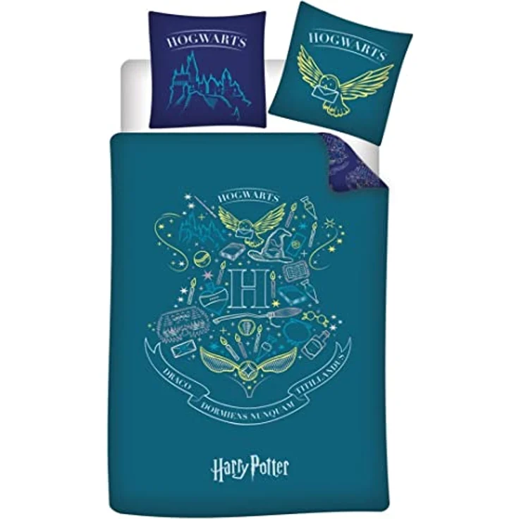 Aymax Parure de lit réversible Harry Potter - Blason -Hogwarts- - Bleue et Vert - 140 cm x 200 cm – Bild 1