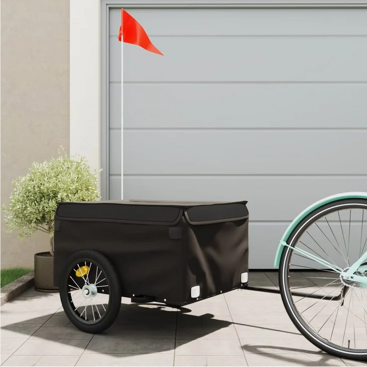 vidaXL Fahrradlastenanhänger Lastenanhänger für Fahrrad Schwarz 45 kg Eisen mit Deichsel und Sicherheitsflagge – Bild 1