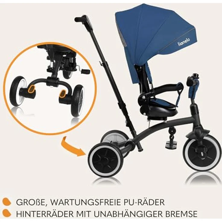 Lionelo Tris Plus Multifunktionales Laufrad Dreirad, Kinderwagen mit drehbarem Sitz, 360° verstellbarer Rückenlehne, große PU-Räder, Montage ohne Werkzeug – Bild 4