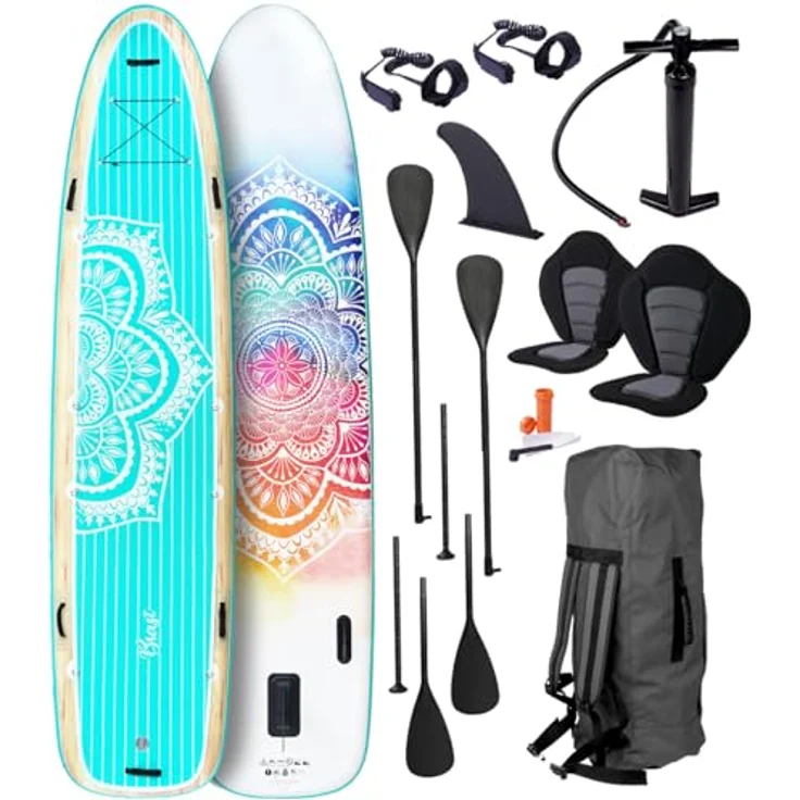 BRAST® SUP Board Family, aufblasbares Stand up Paddle Set XXL, 370x87x15cm bis 210kg, inkl. 2x Kajak-Sitz, 2x Fußschlaufe, 2x Paddel, Pumpe, Rucksack, Mandala Design – Bild 1