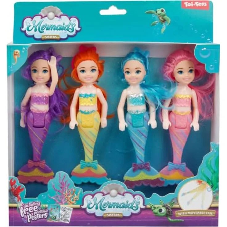 Toi-Toys Mermaids Meerjungfrau Puppe Schwestern, 4 Stück in verschiedenen Farben, 15 cm groß mit biegsamen Schwänzen