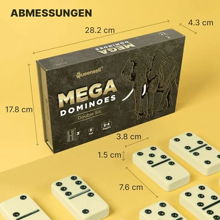 Queensell Mega Großes 3"-Domino-Set für Erwachsene und Kinder, Doppel-6 Domino-Klassiker mit 28 Steinen und eleganter Geschenkbox – Bild 3
