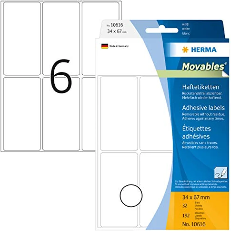 HERMA 10616 Etiketten ablösbar weiß, 32 Blatt, 34 x 67 mm, 6 pro Bogen, 192 Aufkleber, selbstklebend, Vielzweck Klebeetiketten zum Beschriften, Universal Haftetiketten aus Papier, blanko – Bild 1
