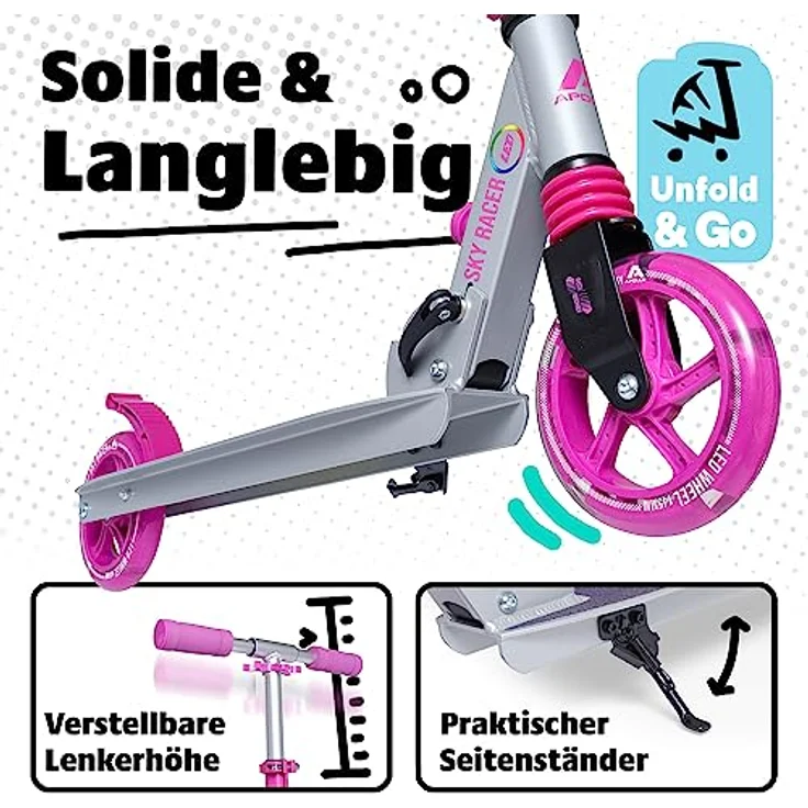Apollo Skyracer City Roller mit LED Leuchträdern | Roller Kinder 6 Jahre | City Scooter mit Federung | Tretroller für Kinder und Teens | Kinder Roller klappbar und höhenverstellbar, Starlight – Bild 2