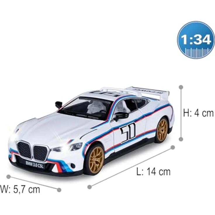 JAMARA 402622 BMW 3.0 CSL Diecast 1:34, Modellauto mit LED Licht, manuell öffnenden Türen und Rückzugmotor, Geschenkidee für Kinder – Bild 3
