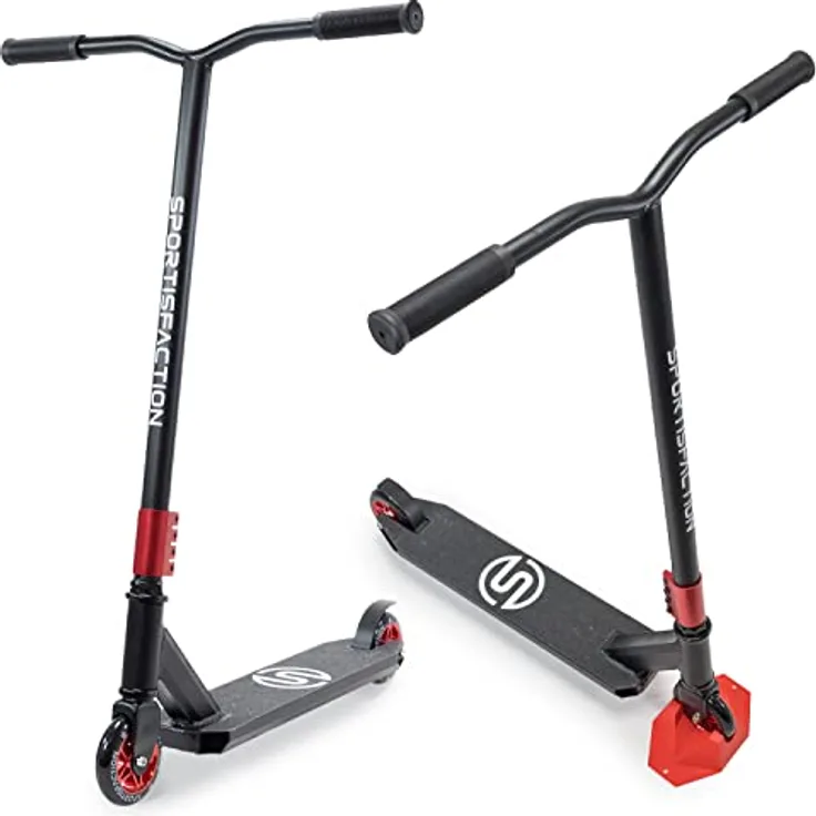Sportisfaction Stuntscooter Rot, Profi Roller mit ABEC11 Kugellagern, 4-fach Klemme, belastbar bis 100kg, Alu-Deck 50x11cm, robustes Design für Tricks & Rampen