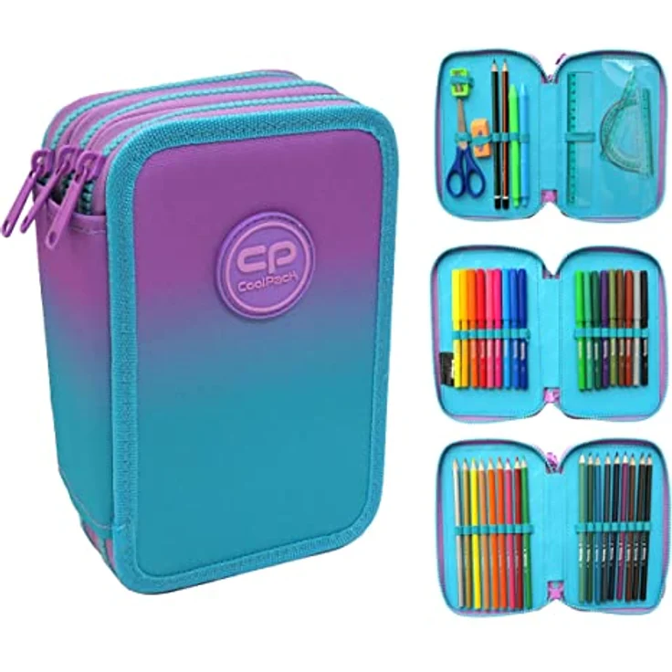 CoolPack XXL Pencil Case 3-Fächer Federmäppchen, lila Ombre mit 44-teiligem Schulmaterialset, wasserdicht und kratzfest – Bild 1