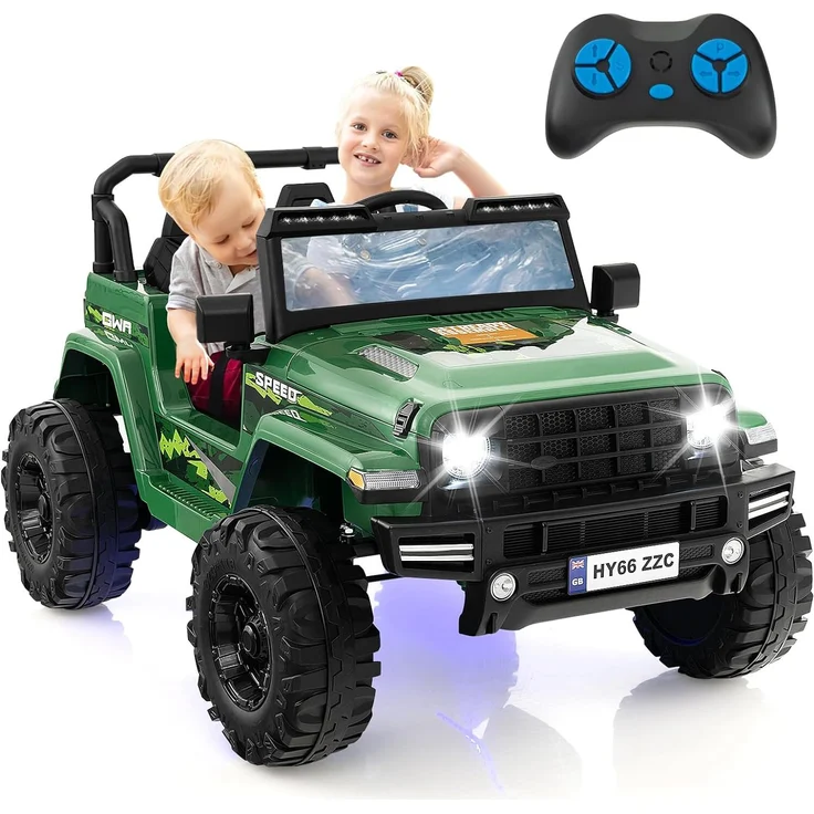 Goplus 24V Kinderauto mit 2,4G-Fernbedienung, Elektrofahrzeug für 2 Kinder mit MP3, LED-Leuchten und All-Terrain Rädern, grün, geeignet für Kinder ab 3 Jahren
