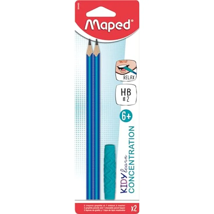 Maped KIDY LEARN CONCENTRATION Bleistift-Set mit Kau-Aufsatz aus lebensmittelechtem Silikon, ergonomische Dreiecksform, HB2-Mine, strukturierter Körper für bessere Handhabung