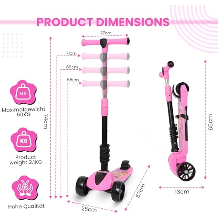 Habib Gruppe 3-in-1 Kinderroller mit Sitz, Dreirad Tretroller, Faltbar, Höhenverstellbar, LED Räder, Pink, für Kinder ab 3 Jahren (bis 50kg) – Bild 3