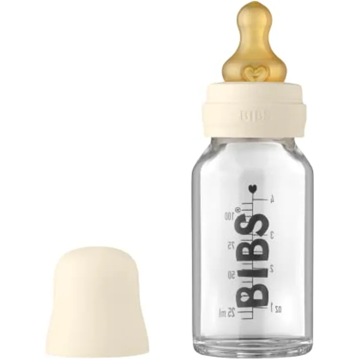 BIBS Baby Glass Bottle, Vermindert Koliken, Runder Sauger aus Naturkautschuklatex, Unterstützt das Stillen. Hergestellt in Dänemark, Complete Set… (Ivory, Complete Set - 110 ml)