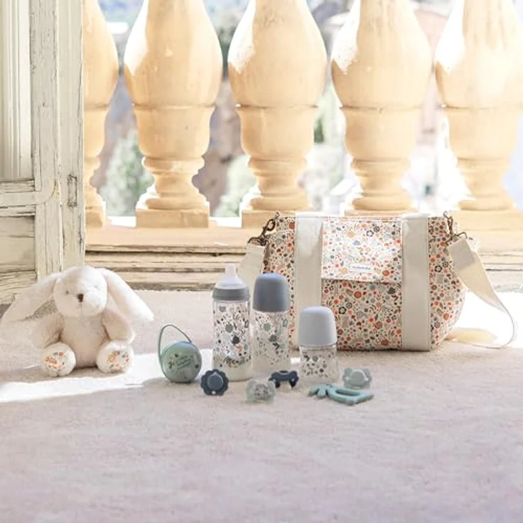 Suavinex Babyflasche 360 ml, mit physiologischem SX Pro Silikon-Sauger und Antikolik-Ventil, für Babys ab 6 Monaten, dickflüssiger Fluss-Sauger (L), Wonderland Blumen, Blau – Bild 5