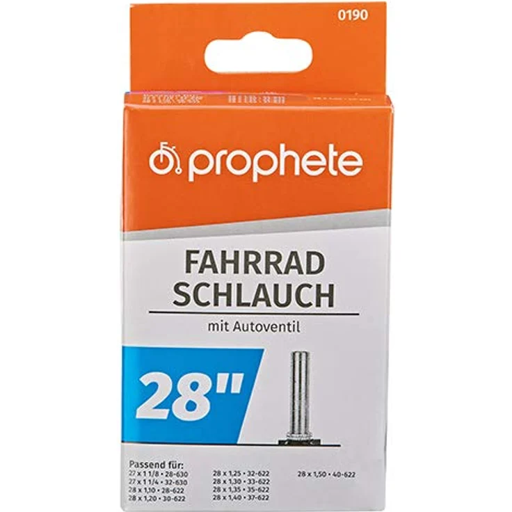 Prophete Fahrradschlauch 28 Zoll / 27 Zoll | Autoventil | ETRTO 28-630, 32-630, 28-622, 30-622, 32-622, 33-622, 35-622, 37-622, 40-622 | geeignet von 27 x 1,125 Zoll bis 28 x 1,5 Zoll, schwarz – Bild 2