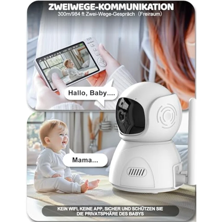 BURNNOVE Babyphone mit Kamera 5" IPS 720P, ohne WLAN, 355°/90° schwenkbar, Nachtsicht, Temperaturüberwachung, Zwei-Wege-Audio, VOX, 8 Schlaflieder, 5 Wecker – Bild 5