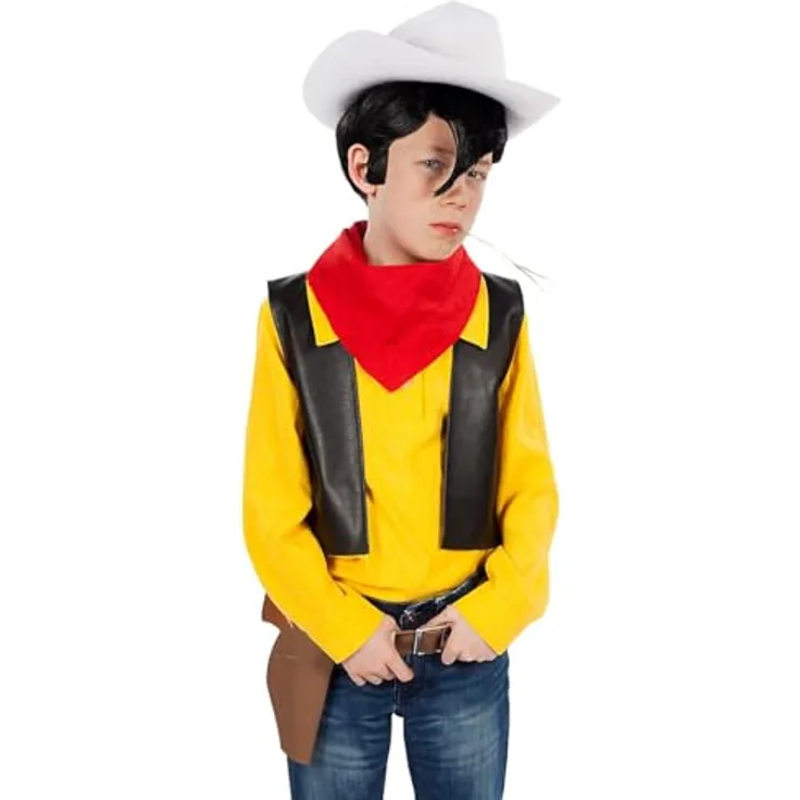 Maskworld Lucky Luke, Kinderkostüm mit gelbem Hemd, schwarzer Weste und Pistolengürtel, vierteilig, lizenziert