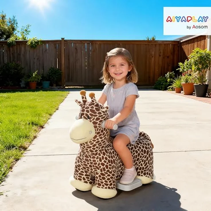 AIYAPLAY Kinder Elektroauto Giraffe, 6V Batteriebetriebenes Fahrzeug mit Musik, waschbarem Plüschbezug, leisen Rädern, 1,8-3 km/h für Kinder von 1,5-5 Jahren, Braun – Bild 2