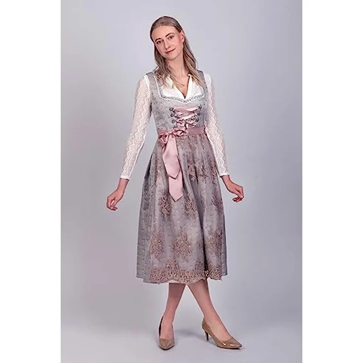 Edelnice Dirndl Aurelie, langes Trachtenkleid mit edlem Silberglanz und Rose-Tönen – Bild 5