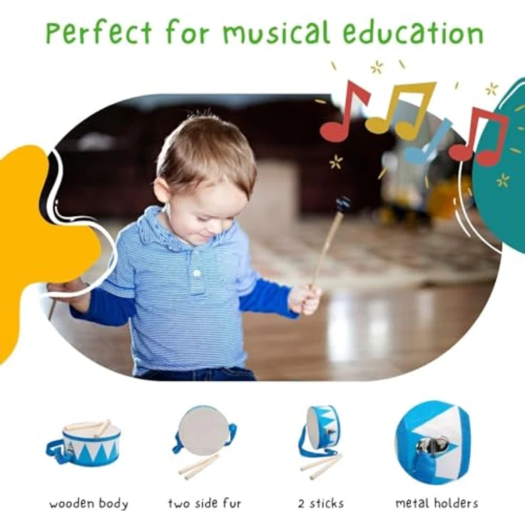 GICO Kindertrommel blau-weiß, Musikinstrument aus Holz, D: 20 cm mit Trageriemen und 2 Sticks – Bild 3