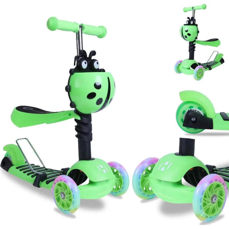 Europebazar Habib 3-in-1 Kinderroller mit abnehmbarem Sitz, LED-Rädern und höhenverstellbarem Lenker für 2-8 Jahre, Grün