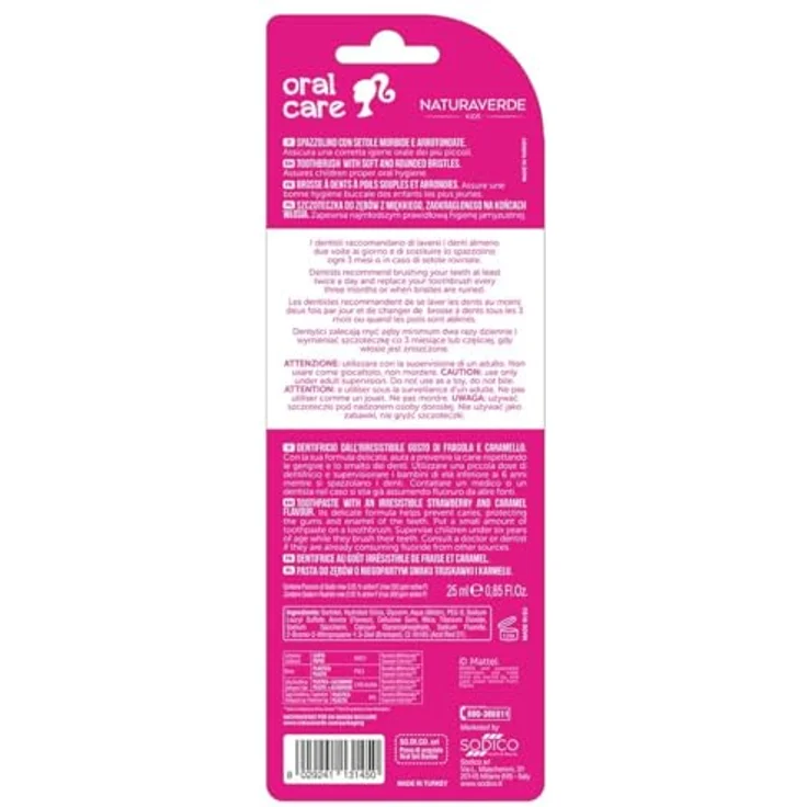 Naturaverde Kids | Mundreinigungsset Mattel Barbie - Zahnbürste mit weichen Borsten und Erdbeer- und Karamellzahnpasta 25 ml – Bild 3