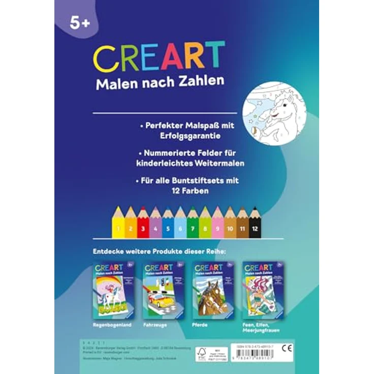 Ravensburger Verlag GmbH Malen nach Zahlen CreArt - Malen nach Zahlen - Zauberponys, magische Ausmalmotive, altersgerechte Motive, nummerierte Ausmalfelder, zarte Zahlen, handelsübliche Farbpalette – Bild 2