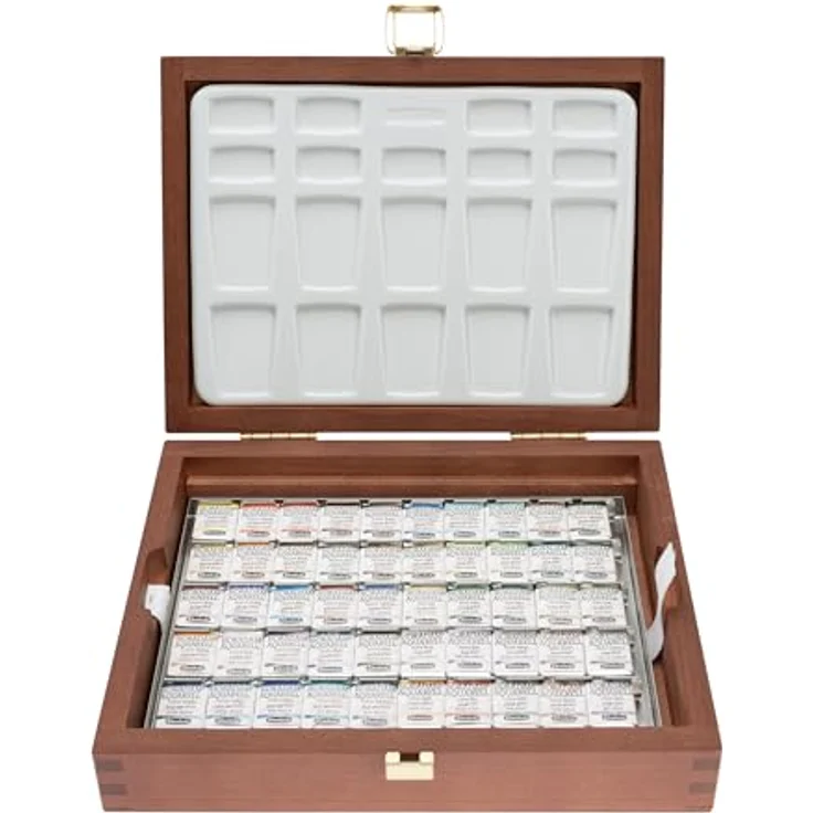 Schmincke HORADAM® AQUARELL Holzmalkasten mit 50 supergranulierenden Aquarellfarben in halben Näpfchen - nussbaumgebeizt - 74 450 097 – Bild 1
