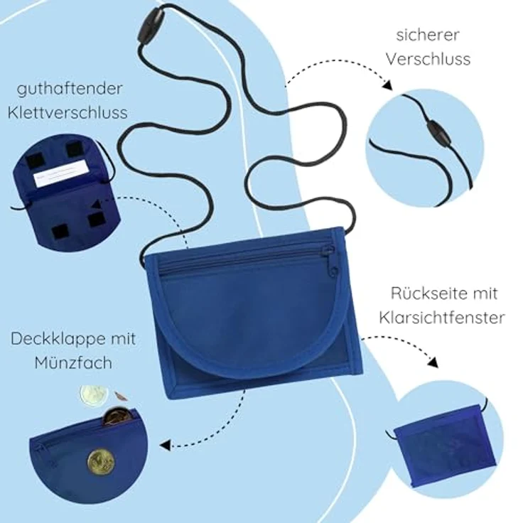 minimutz Kinder Geldbeutel Royalblau, Geldbörse zum Umhängen mit Sichtfenster für Busausweis, 4 Fächer, Klett- und Reißverschluss – Bild 4
