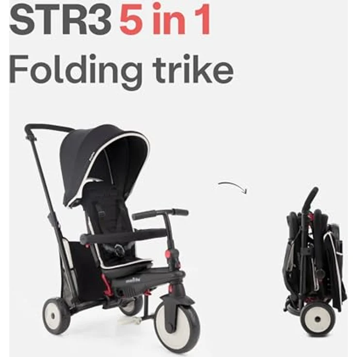 smarTrike STR3, Klappbares Kleinkinder-Dreirad mit Kinderwagen-Zertifizierung, 6 in 1 für 1-3 Jahre, Schwarz, mit sicherem 5-Punkt-Gurt und kinderfreundlicher Steuerung – Bild 4