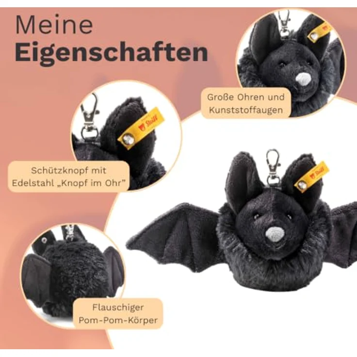 Steiff Kuscheltier Anhänger Boris Fledermaus, 8 cm schwarzes Plüschtier mit Kunststoffaugen für Kinder, Handarbeit und waschbar bei 30 °C – Bild 3