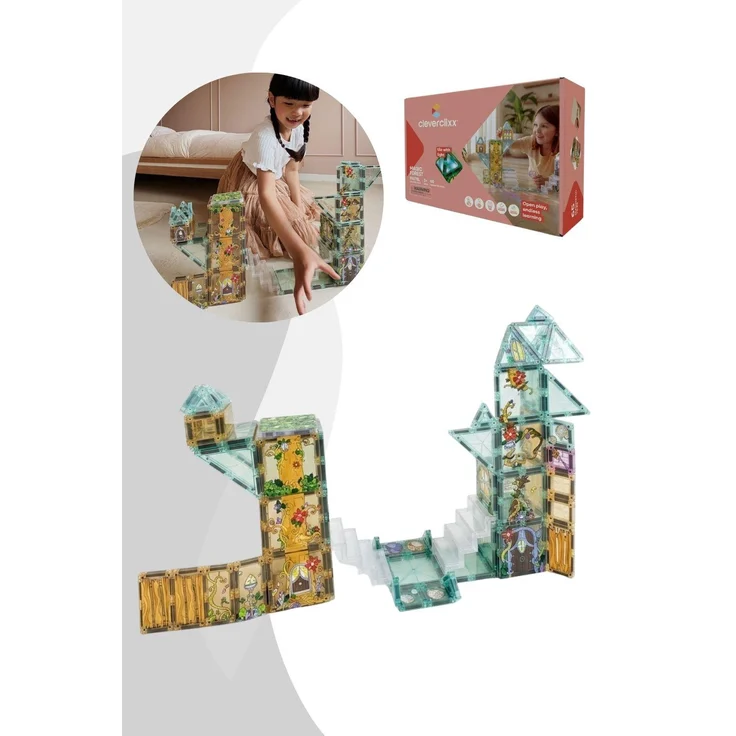 Cleverclixx Magic Forest Pack Pastel, 65-teiliges Magnetbausteinset mit Leuchtfliesen in Pastellfarben und Wald-Motiven, für kreativen Bauspaß ab 3 Jahren