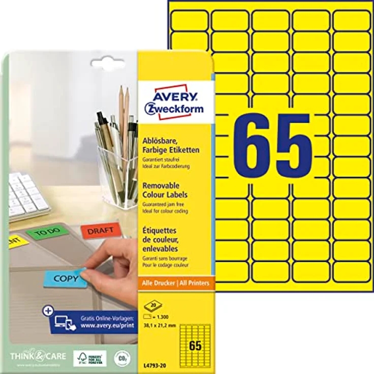AVERY Zweckform L4793-20 Gelbe Etiketten (1.300 Aufkleber, 38,1x21,2 mm auf A4, wieder rückstandsfrei ablösbar, selbstklebende Farbetiketten, Papier matt, bedruckbare, farbige Klebeetiketten) 20 Blatt – Bild 1