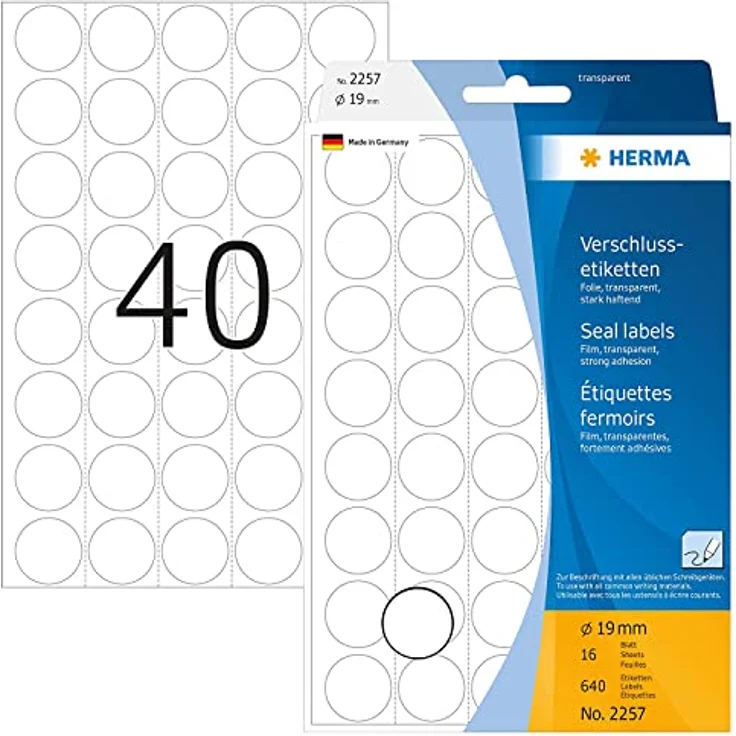 HERMA 2257 Verschlussetiketten transparent rund, 16 Blatt, Ø 19 mm, 40 pro Bogen, 640 Aufkleber, selbstklebend, Siegel Etiketten zum Beschriften, Punktaufkleber aus Folie blanko – Bild 1
