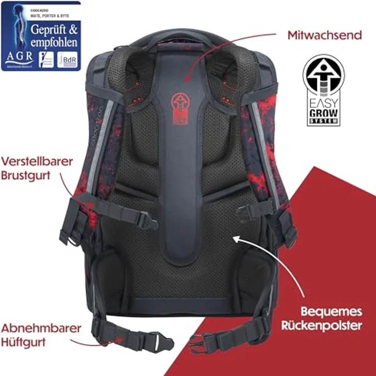 Coocazoo Mate Schulrucksack „Broken Black”, ergonomischer Tornister mit 30 Litern Volumen, höhenverstellbar, Brust- und Hüftgurt, schwarz-rot, ab der 3. Klasse – Bild 4