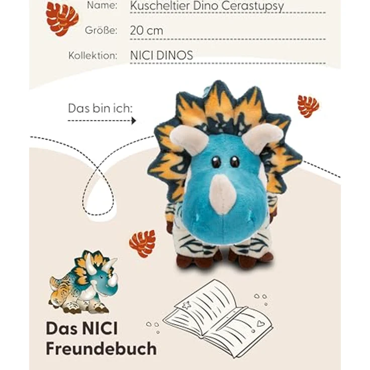 NICI Kuscheltier Dino Cerastupsy 20cm - Flauschiges Dino Stofftier aus recycelten Materialien, All-Over Druck Körper - 49466 – Bild 5