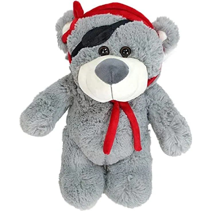BEMIRO Piratenbär Teddy aus Plüsch in grau - ca- 33 cm, Teddy Pirat, flauschig weich, Mit Piraten Augenklappe, Teddybär, Teddy Bär, Pirat Teddybär, Teddybär Pirat – Bild 1