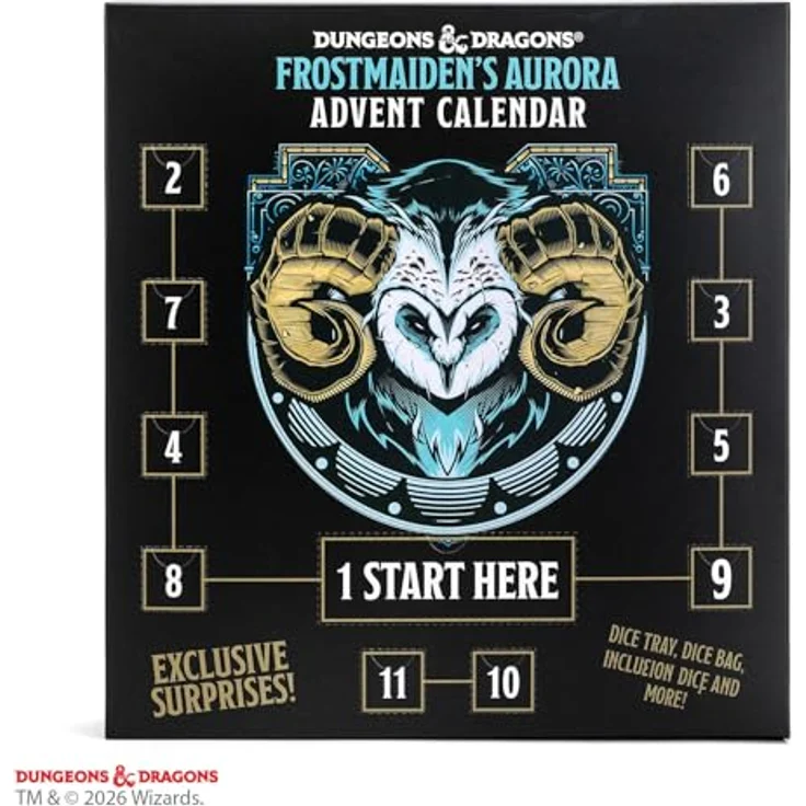 FanRoll Dungeons and Dragons Adventskalender Frostmaiden's Aurora, inklusive 12 D&D Zubehörteile, Würfeltablett und Mega-D20 – Bild 2