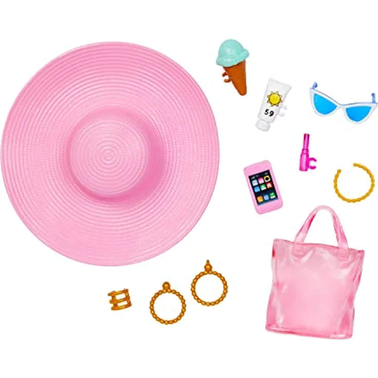 BARBIE - Blonde Puppe mit pink-weißem Badeanzug, Sonnenhut, Tragetasche und Strand-Accessoires, für Kinder ab 3 Jahren, HPL73 – Bild 4