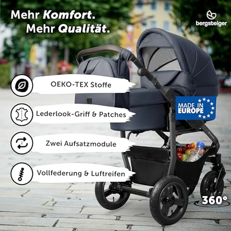 Bergsteiger Capri Kombikinderwagen 2-in-1, Babywanne & Sportsitz, luftreifen, Federung, höhenverstellbarer Griff, faltbar mit Zubehör – Bild 2