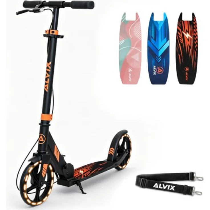 ALVIX Cityroller Kinderroller K-Serie, faltbar mit Handbremse, 200-mm-LED-Rädern, breites 120-mm-Deck, Tragegurt, für Kinder ab 6 Jahren – Bild 1